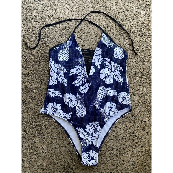 AdoreShe Sexy Deep V Pineapple Hibiscus Print One Piece Swim Suit Medium - Picture 2 of 7